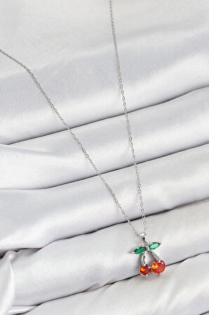 Pirinç Zirkon Taşlı Kiraz Model Gümüş Renk Kadın Kolye - TJ-BKO10421