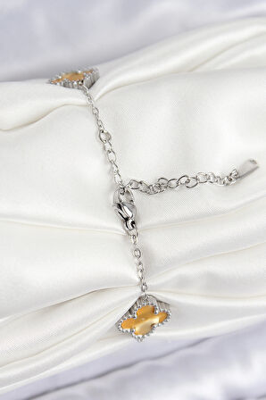 316L Çelik Sedefli Kehribar Sarı Gümüş Renk Yonca Kadın Bileklik - TJ-BB7676