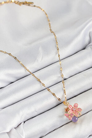 316L Çelik Zirkon Taşlı Arı Detaylı Pembe Çiçek Model Gold Renk Kadın Kolye - TJ-BKO10442