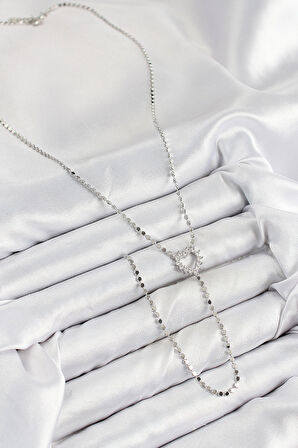 Pirinç Zirkon Taşlı Ezme Zincirli Kalp Model Gümüş Renk Y Kolye - TJ-BKO10460