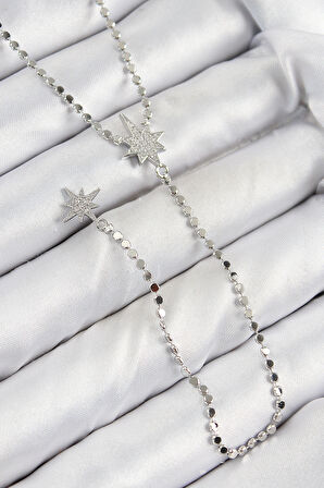 Pirinç Zirkon Taşlı Ezme Zincirli Kutup Yıldızı Model Gümüş Renk Y Kolye - TJ-BKO10462