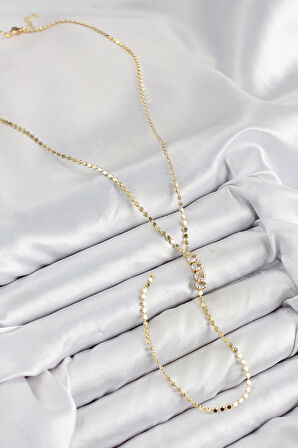 Pirinç Zirkon Taşlı Ezme Zincirli Model Gold Renk Y Kolye - TJ-BKO10465