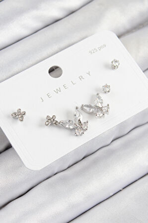 Pirinç Zirkon Taşlı Kelebek Model Gümüş Renk 925 Ayar Gümüş Çivi Kadın Küpe Set - TJ-BKP11165