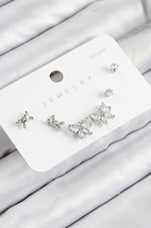 Pirinç Zirkon Taşlı Fiyonk Model Gümüş Renk 925 Ayar Gümüş Çivi Kadın Küpe Set - TJ-BKP11173