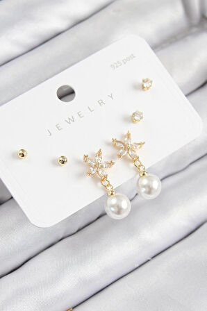 Pirinç Zirkon Taşlı İnci Sallantılı Çiçek Model Gümüş Renk 925 Ayar Gümüş Çivi Kadın Küpe Set - TJ-BKP11176