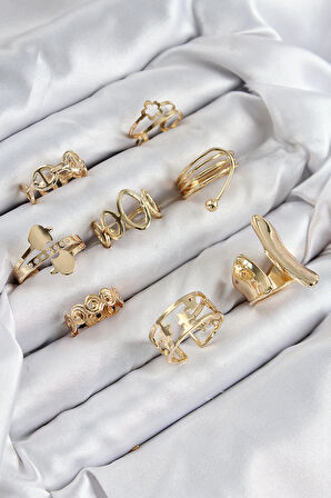 Pirinç Sarmal Ve Yıldız Model Gold Renk Kadın Yüzük Kombin Set - TJ-BYK3813