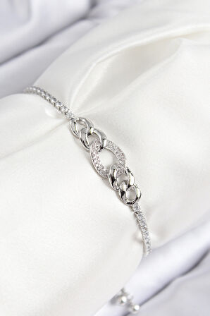 Pirinç Zirkon Taşlı Zincir Model Gümüş Renk Asansörlü Kadın Bileklik - TJ-BB7734