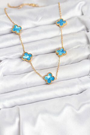 316L Çelik Zincir Gold Buz Mavisi Renk Yonca Kolye - TJ-BKO10566