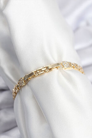 Pirinç VIP Seri Gold Renk Zincir Model Kalpli Zirkon Taşlı Kadın Bileklik - TJ-BB7929