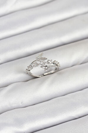 Pirinç Gümüş Renk Zirkon Taşlı Kelebek Model Kadın Yüzük - TJ-BYK3851