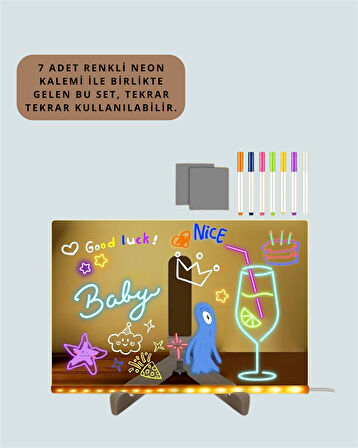 Şık ve Modern LED Pano – Neon Işıklı Silinebilir Akrilik Yazı Tahtası, 7 Renkli Kalem Dahil