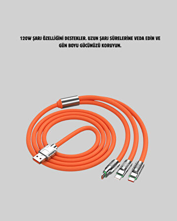 120 W Şarj ve Veri Aktarımı Kablo– 3 Başlıklı Çok Amaçlı Kablo Yüksek Hızlı