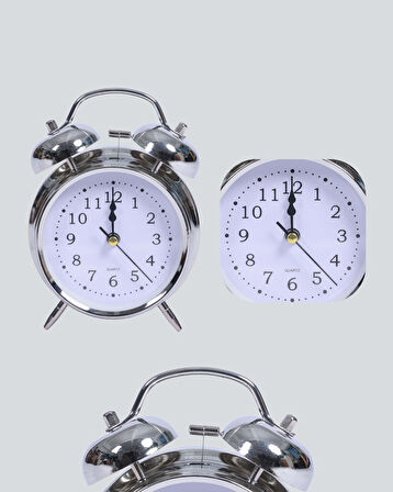 Yuvarlak Gümüş Dekoratif Işıklı Masa Üstü Saat Alarmlı Sessiz Çalışma