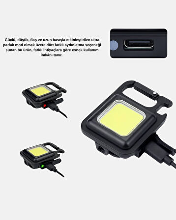 USB Type-C Şarjlı Mini Fener – Manyetik, Katlanabilir ve Şişe Açacaklı Tasarım