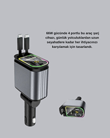 Araç Şarj Cihazı 66W 4 Portlu Hızlı Şarj ve LED Işıklı