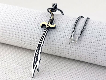 Kalp Atışlı Hz Ali Yazılı Büyük Boy Zülfikar Kılıcı 925 Ayar Gümüş Kolye