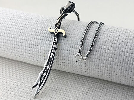 Kalp Atışlı Hz Ali Yazılı Büyük Boy Zülfikar Kılıcı 925 Ayar Gümüş Kolye