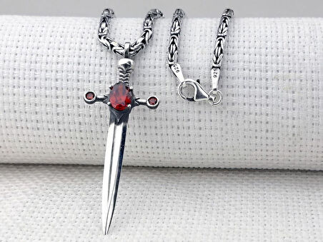 Kırmızı Zirkon Taşlı Kral Zincirli Şovalye Kılıcı 925 Ayar Gümüş Kolye
