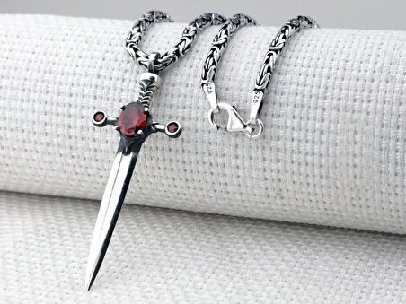 Kırmızı Zirkon Taşlı Kral Zincirli Şovalye Kılıcı 925 Ayar Gümüş Kolye