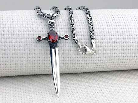 Kırmızı Zirkon Taşlı Kral Zincirli Şovalye Kılıcı 925 Ayar Gümüş Kolye