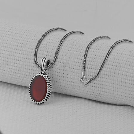 Kırmızı Akik Taşlı Oval 925 Ayar Erkek Gümüş Kolye 