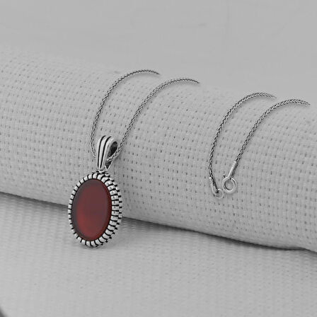 Kırmızı Akik Taşlı Oval 925 Ayar Erkek Gümüş Kolye 