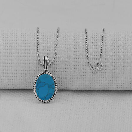 Turkuaz Taşlı Oval 925 Ayar Erkek Gümüş Kolye 