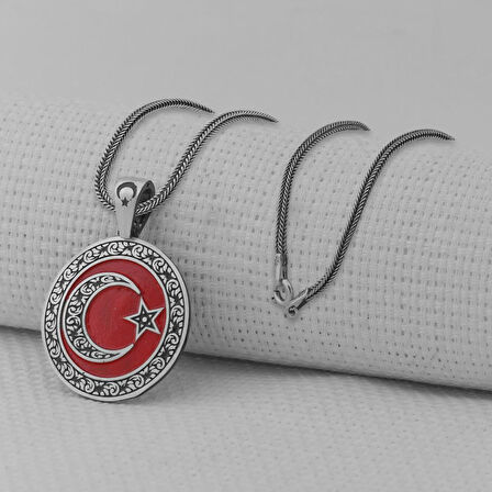 Gravür İşlemeli 925 Ayar Gümüş Büyük Boy Ay Yıldız Kolye