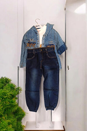 kare ekose yıldız nakışlı kot gömlek bady pantolon 3 lü