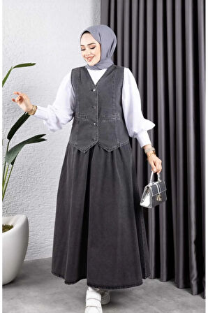 Kadın Kot Yelek-Etek 2'Li Takım