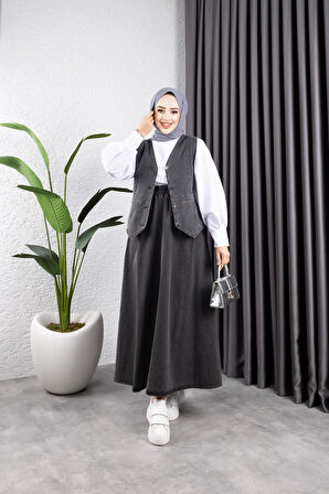 Kadın Kot Yelek-Etek 2'Li Takım