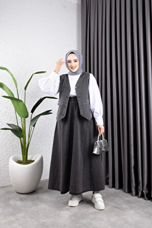 Kadın Kot Yelek-Etek 2'Li Takım