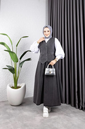 Kadın Kot Yelek-Etek 2'Li Takım