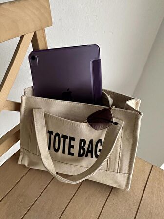 Kanvas Kumaş ToteBag Vizon Kadın Omuz Çantası