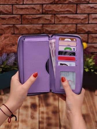 Lila Telefon Bölmeli Uzun Cüzdan ve Otomatik Mekanizmalı Kartlık Cüzdan Sevgili Paketi