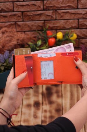 Turuncu Telefon Bölmeli Uzun Cüzdan ve Otomatik Mekanizmalı Kartlık Cüzdan Sevgili Paketi