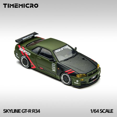 TimeMicro 1:64 Nissan Skyline GT-R R34 Matte Green Disruption Kaput Bagaj Açılır TM646317