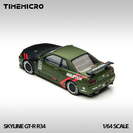 TimeMicro 1:64 Nissan Skyline GT-R R34 Matte Green Disruption Kaput Bagaj Açılır TM646317
