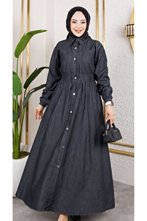 Kadın Belden Lastikli Cep Detaylı İnce Kot Elbise