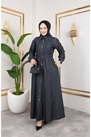 Kadın Belden Lastikli Cep Detaylı İnce Kot Elbise