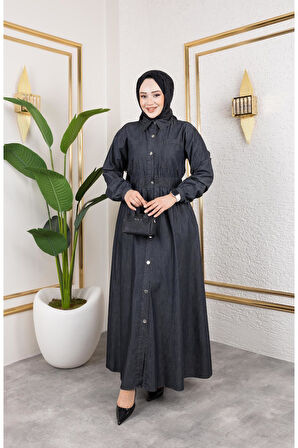 Kadın Belden Lastikli Cep Detaylı İnce Kot Elbise