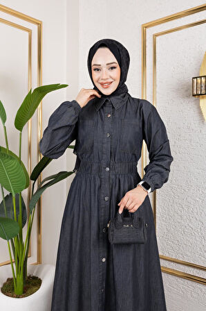 Kadın Belden Lastikli Cep Detaylı İnce Kot Elbise