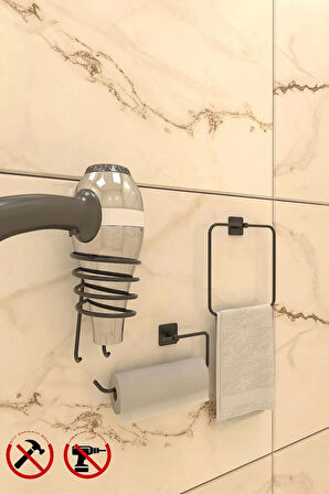 Yapışkanlı Kare 3 lü Banyo Aksesuar Seti Kare Havlu Askısı, Fön Askısı Ve Solo Havluluk