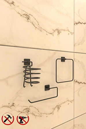 Yapışkanlı Kare 3 lü Banyo Aksesuar Seti Kare Havlu Askısı, Fön Askısı Ve Solo Havluluk