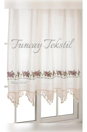 Kırmızı Kanaviçeli Buldan Işi Kanaviçe El Dantelli Kaneviçeli Keten Perde 150 x 120