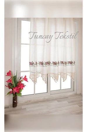 Kırmızı Kanaviçeli Buldan Işi Kanaviçe El Dantelli Kaneviçeli Keten Perde 150 x 120