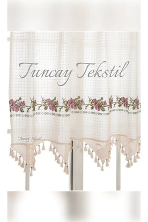 Kırmızı Kanaviçeli Buldan Işi Kanaviçe El Dantelli Kaneviçeli Keten Perde 170 x 220