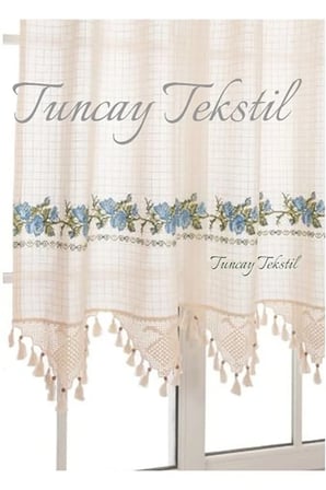 Kırmızı Kanaviçeli Buldan Işi Kanaviçe El Dantelli Kaneviçeli Keten Perde 350 x 150