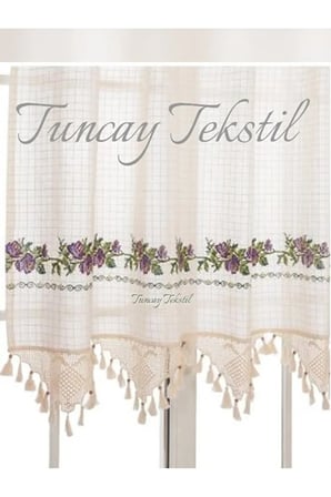 Kırmızı Kanaviçeli Buldan Işi Kanaviçe El Dantelli Kaneviçeli Keten Perde 150 x 120