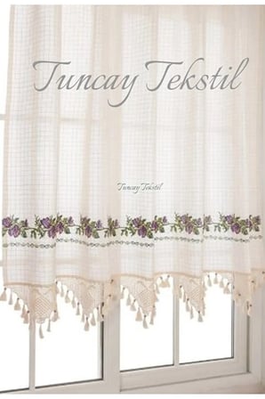 Kırmızı Kanaviçeli Buldan Işi Kanaviçe El Dantelli Kaneviçeli Keten Perde 150 x 120